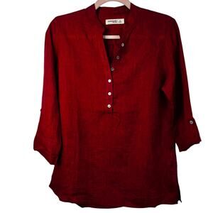 Red Linen Tunic Blouse Mandarin Collar Minimalist Shirt Cottonworld India Small